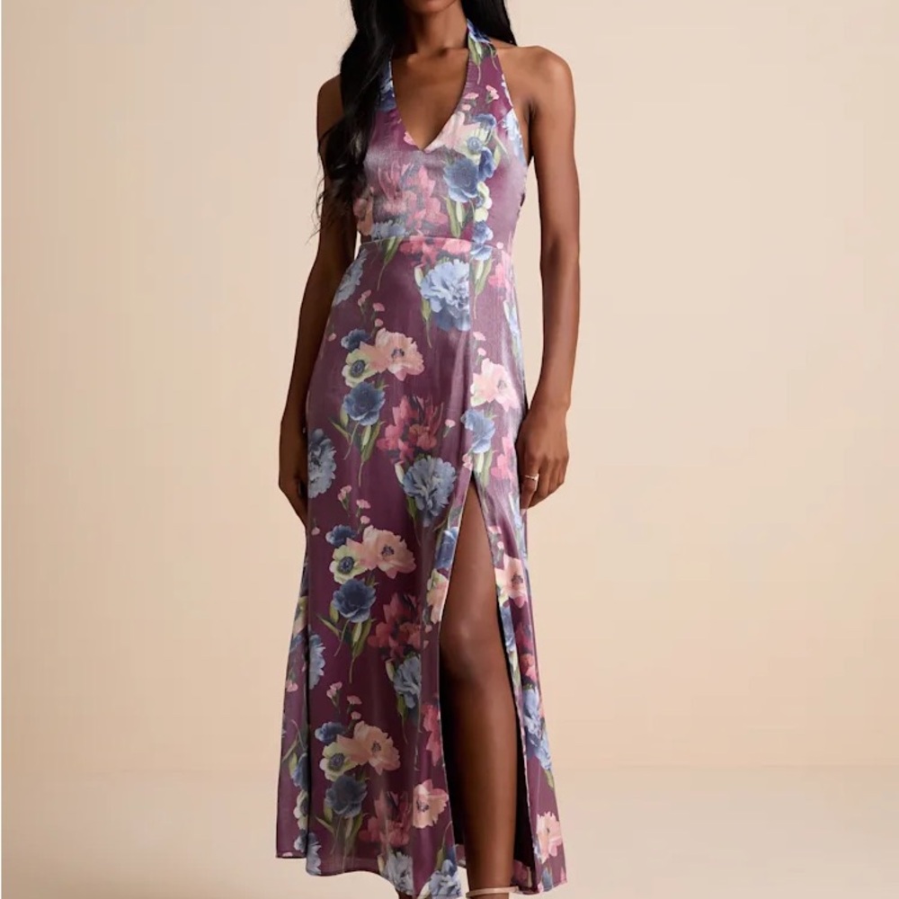 Lulu's Liviana Dark Purple Floral Halter Maxi Dress